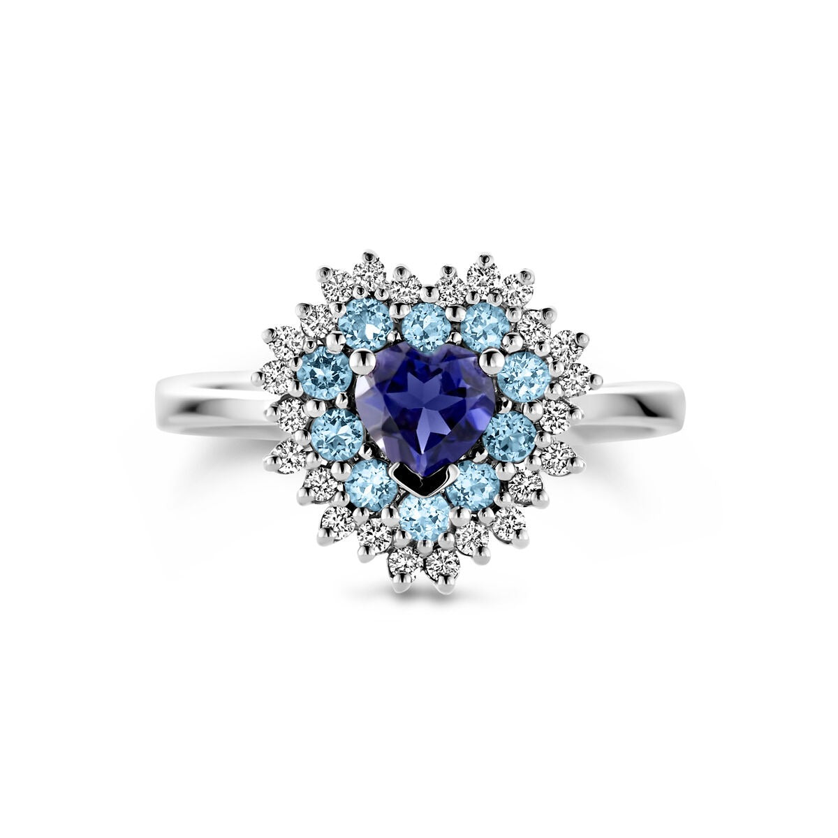 Bague en or blanc en forme de cœur – topaze londonienne, iolite et diamant