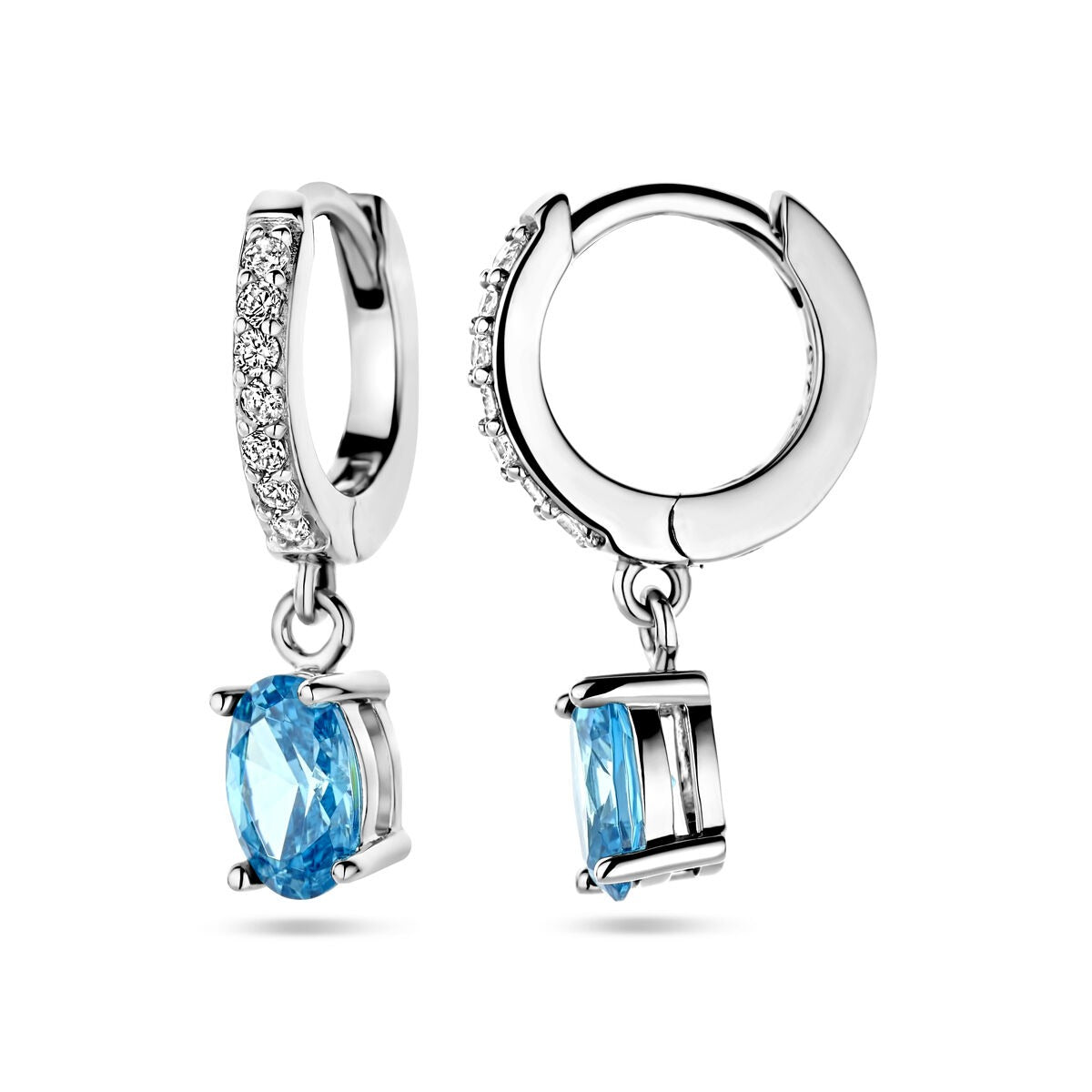 Créoles en argent rhodié avec zircones blanches et bleues