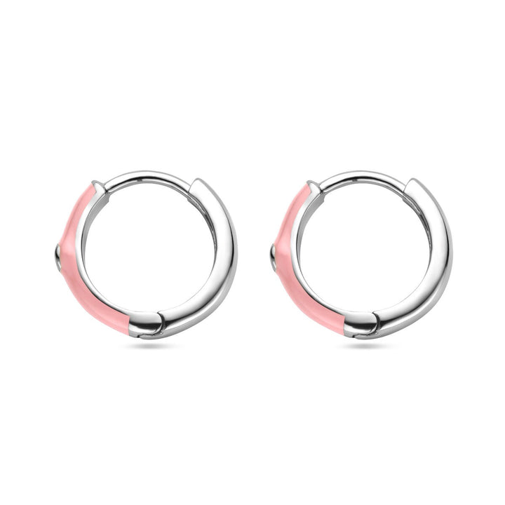 Zilveren dames klapoorringen met zirkonia en roze emaille – gerhodineerd 15 mm