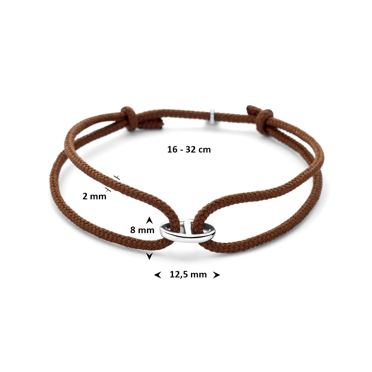 Bracelet en coton marron avec maille de grain de café rhodiée