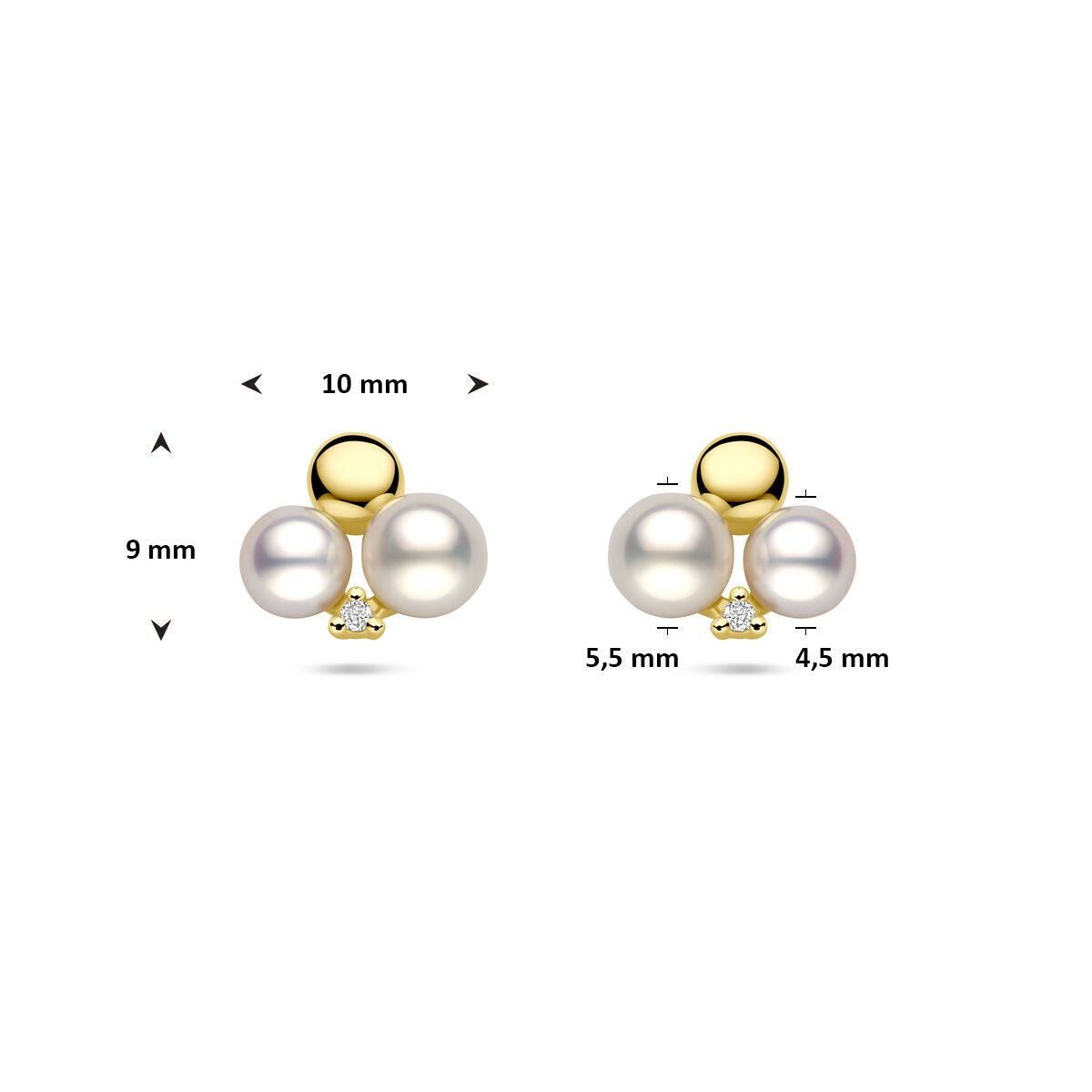 Boucles d'oreilles en or avec perle et diamant – puces d'oreilles 14k pour femme 0.02ct (2x 0.01ct) h si 9 mm