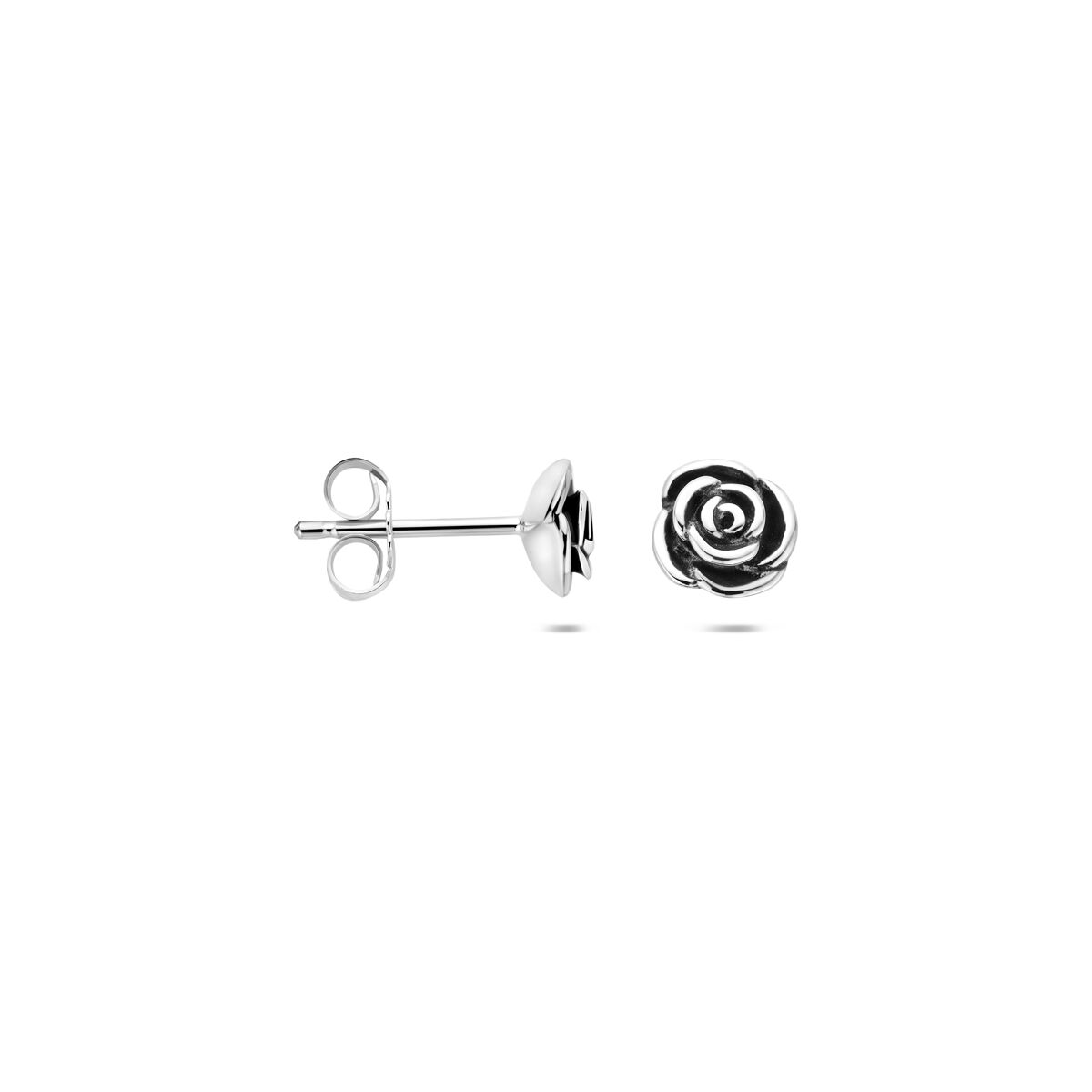 Puces d'oreilles en argent avec rose – motif floral oxydé