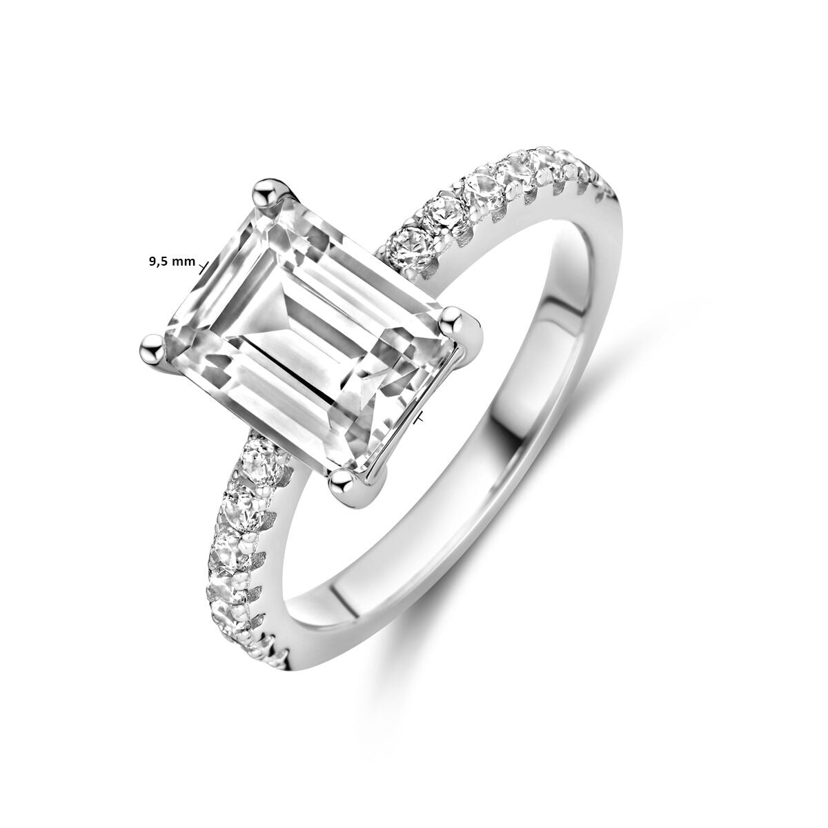 Bague pour femme en argent avec zircone taille émeraude – rhodié argent 925, 9,5 mm de large