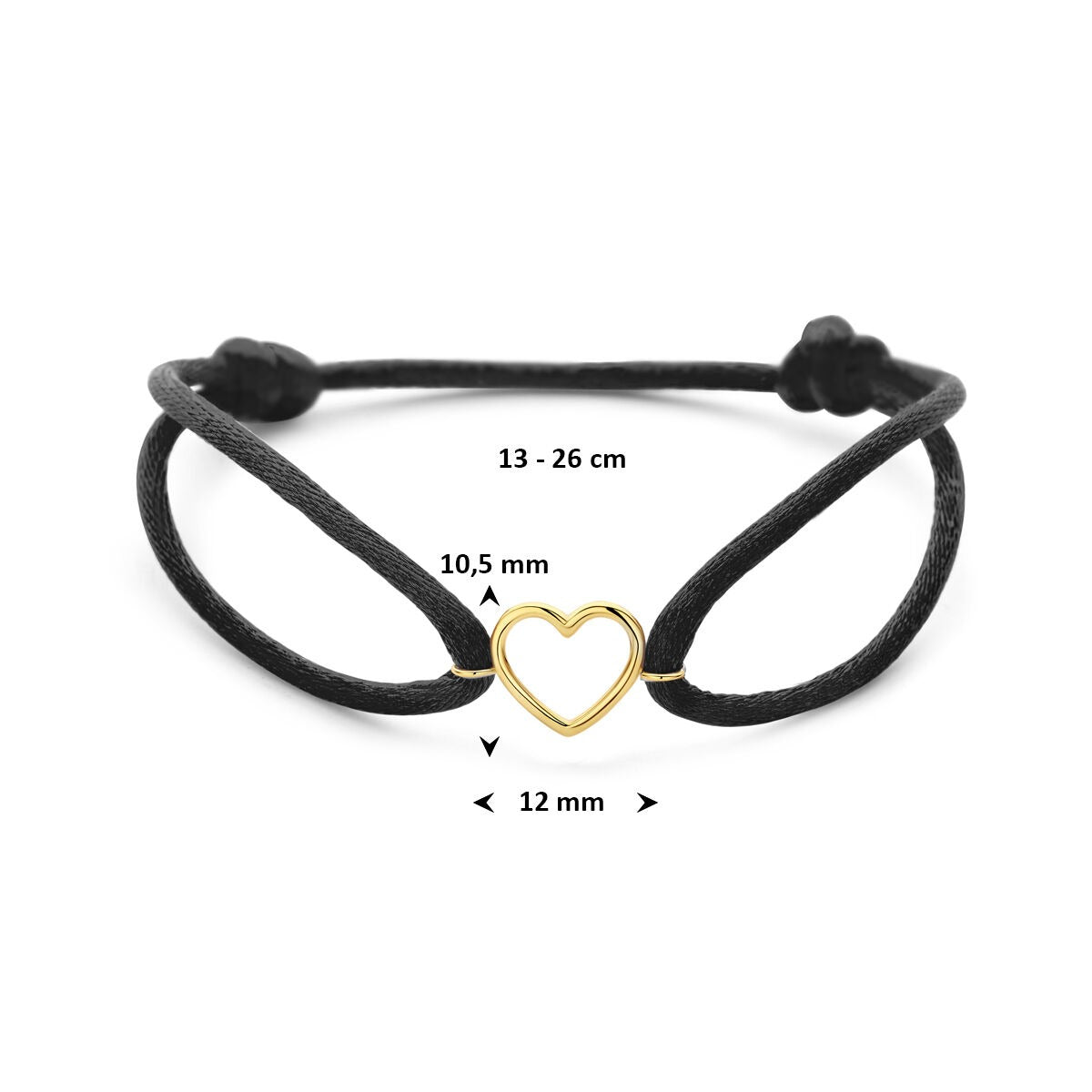 Bracelet en satin pour femme avec cœur en or jaune 14k – Cadeau d'amour en noir et or