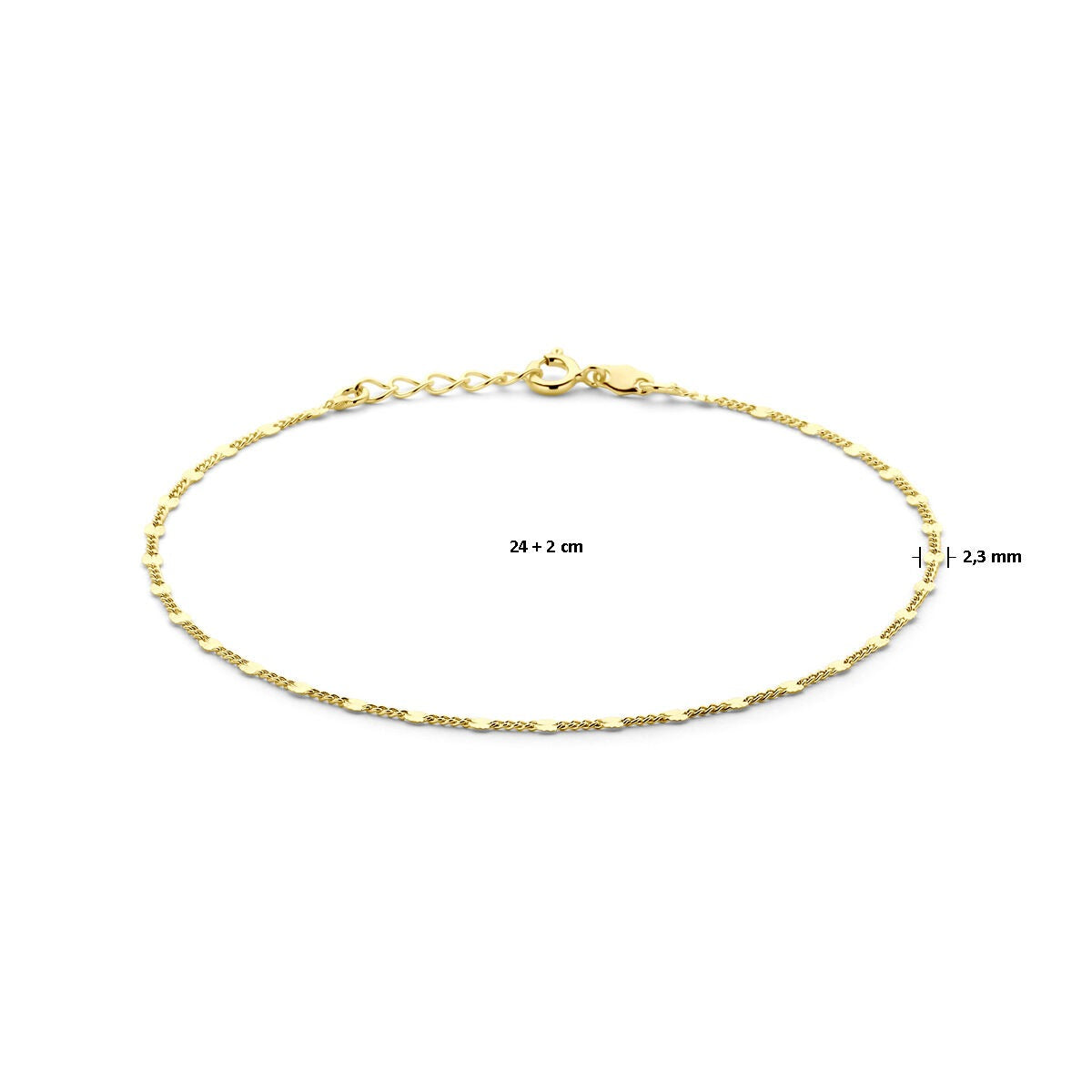 Bracelet de cheville plaqué or en argent avec mailles plates et tubulaires – 24 à 26 cm, 2,3 mm de large