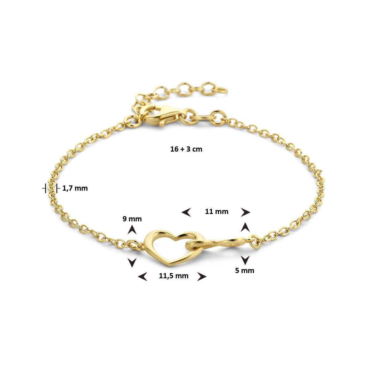 Bracelet en argent plaqué or avec cœur et symbole de l'infini – 16-19 cm