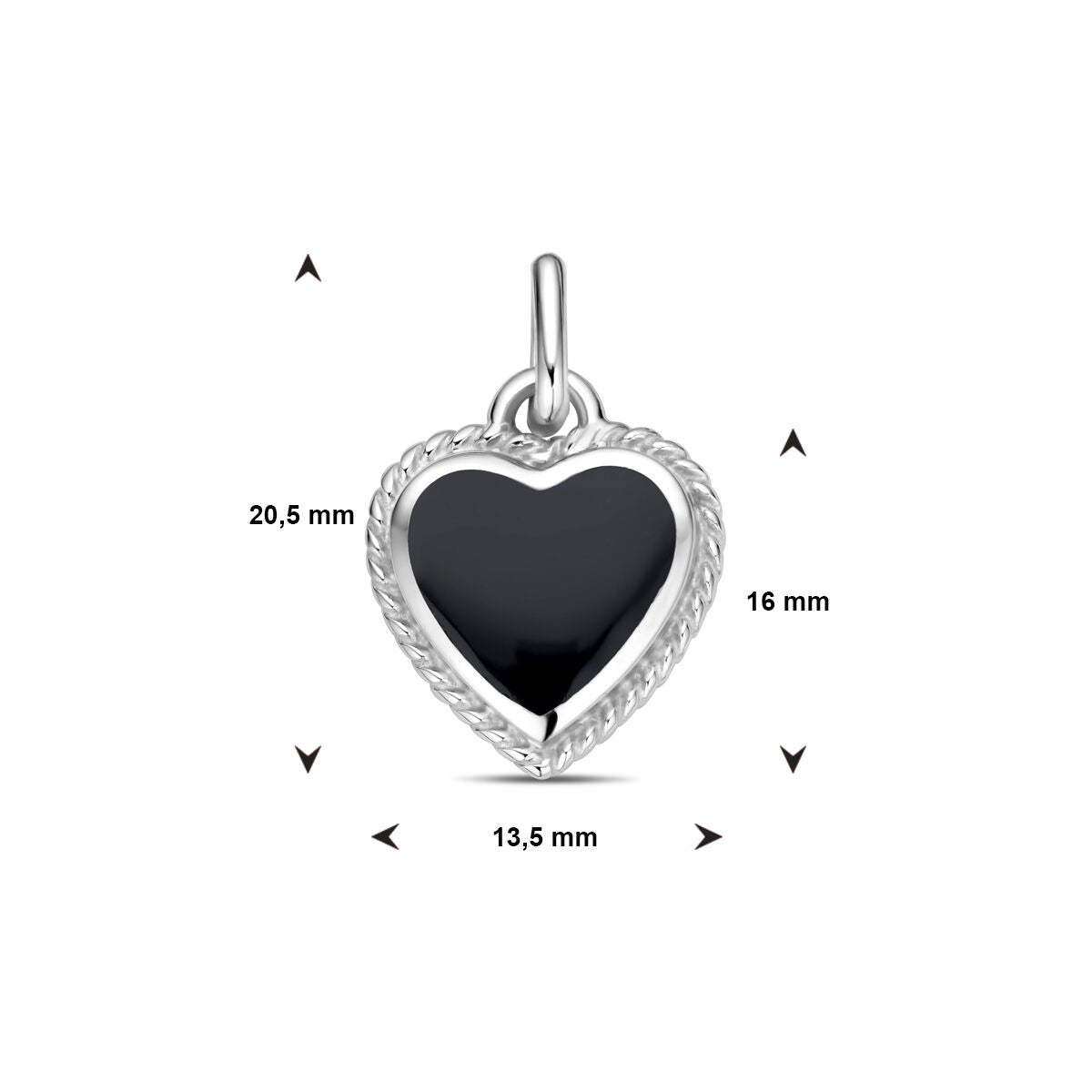 Pendentif rhodié en argent avec onyx - forme de cœur 20.5mm
