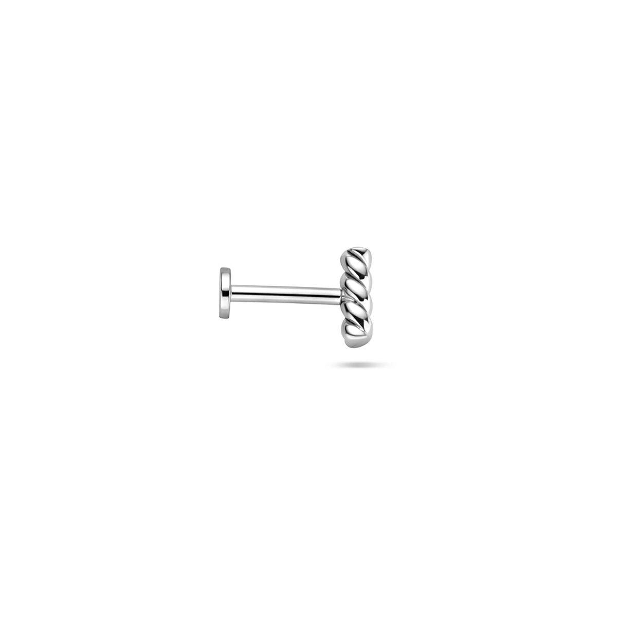 Piercing en argent rhodié à dos plat en forme de barre torsadée