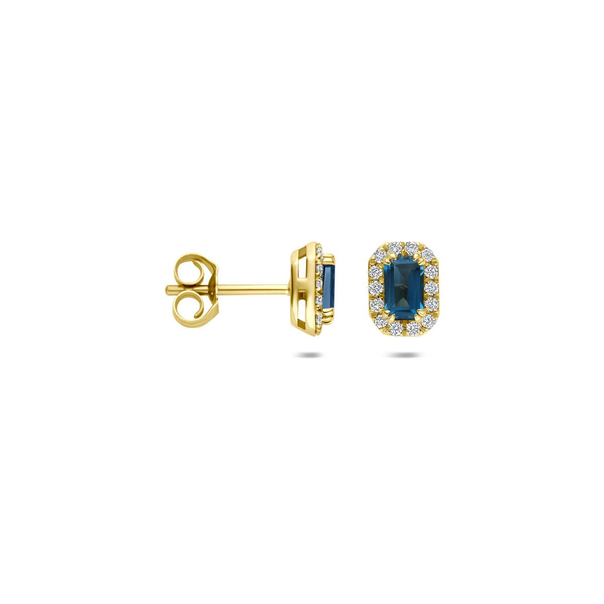 Puces d'oreilles en or jaune 14k avec topaze bleue de Londres et diamant cultivé en laboratoire
