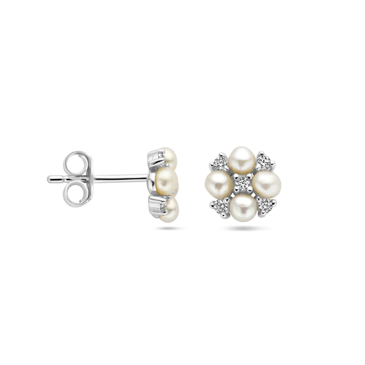 Puces d'oreilles en argent pour femme avec perle de culture et zircone – rhodié 7.5 mm