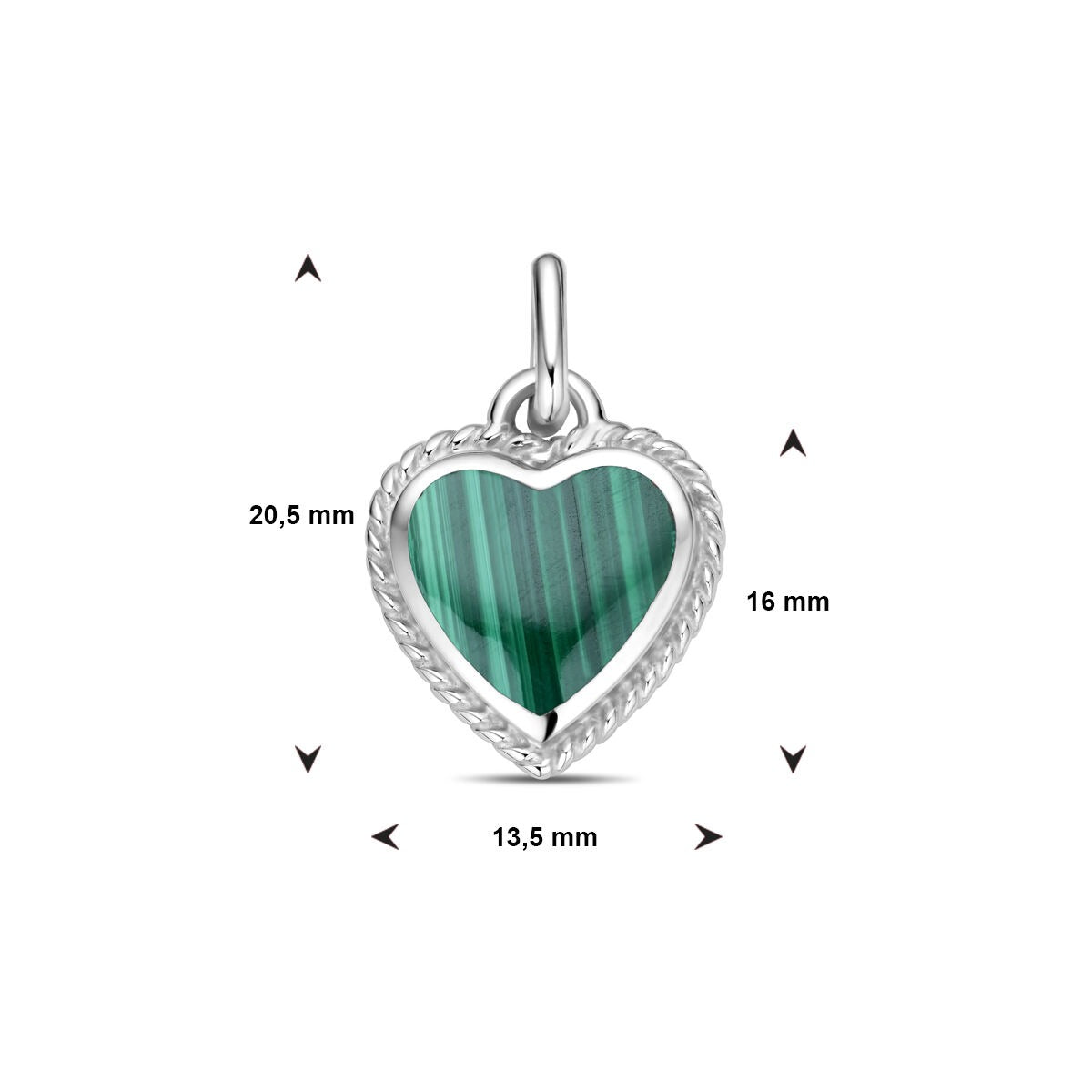 Pendentif rhodié en argent avec malachite – Forme de cœur 20.5mm