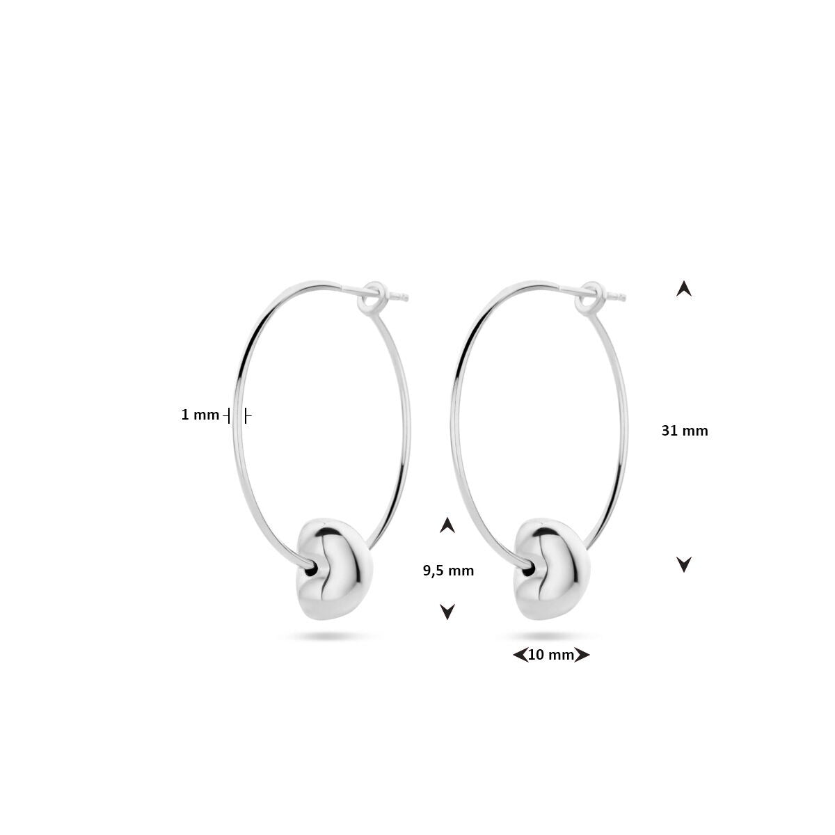 Boucles d'oreilles en argent pour femme en forme de cœur – rhodiées 31 mm