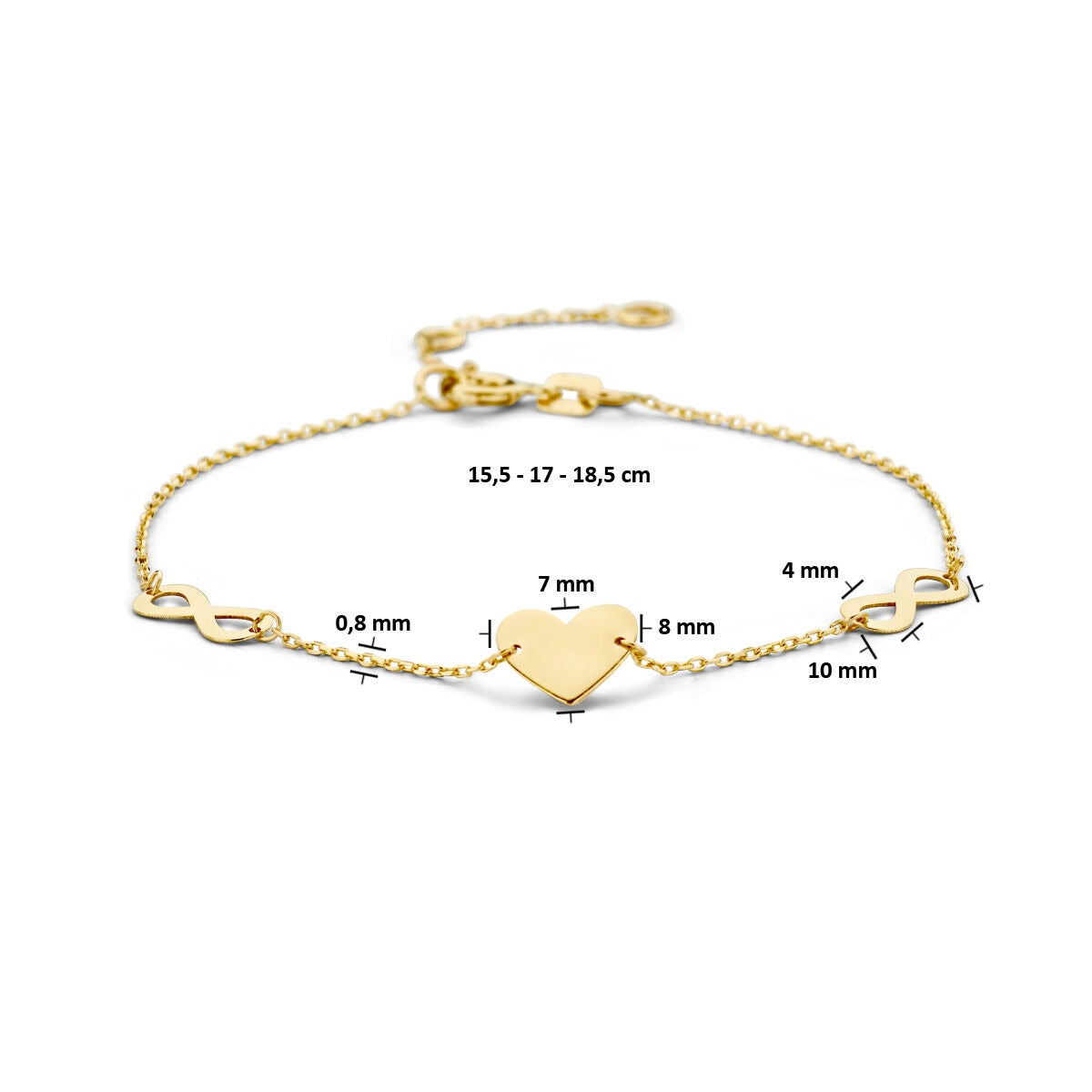 9k geelgouden armband met hart en infinity