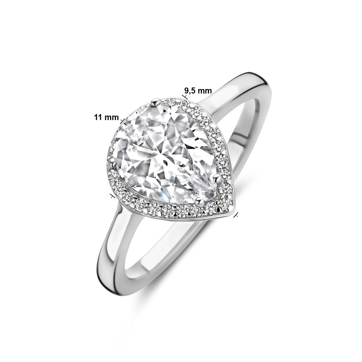 Bague en argent rhodié avec zircone taillée en poire – 11mm de large
