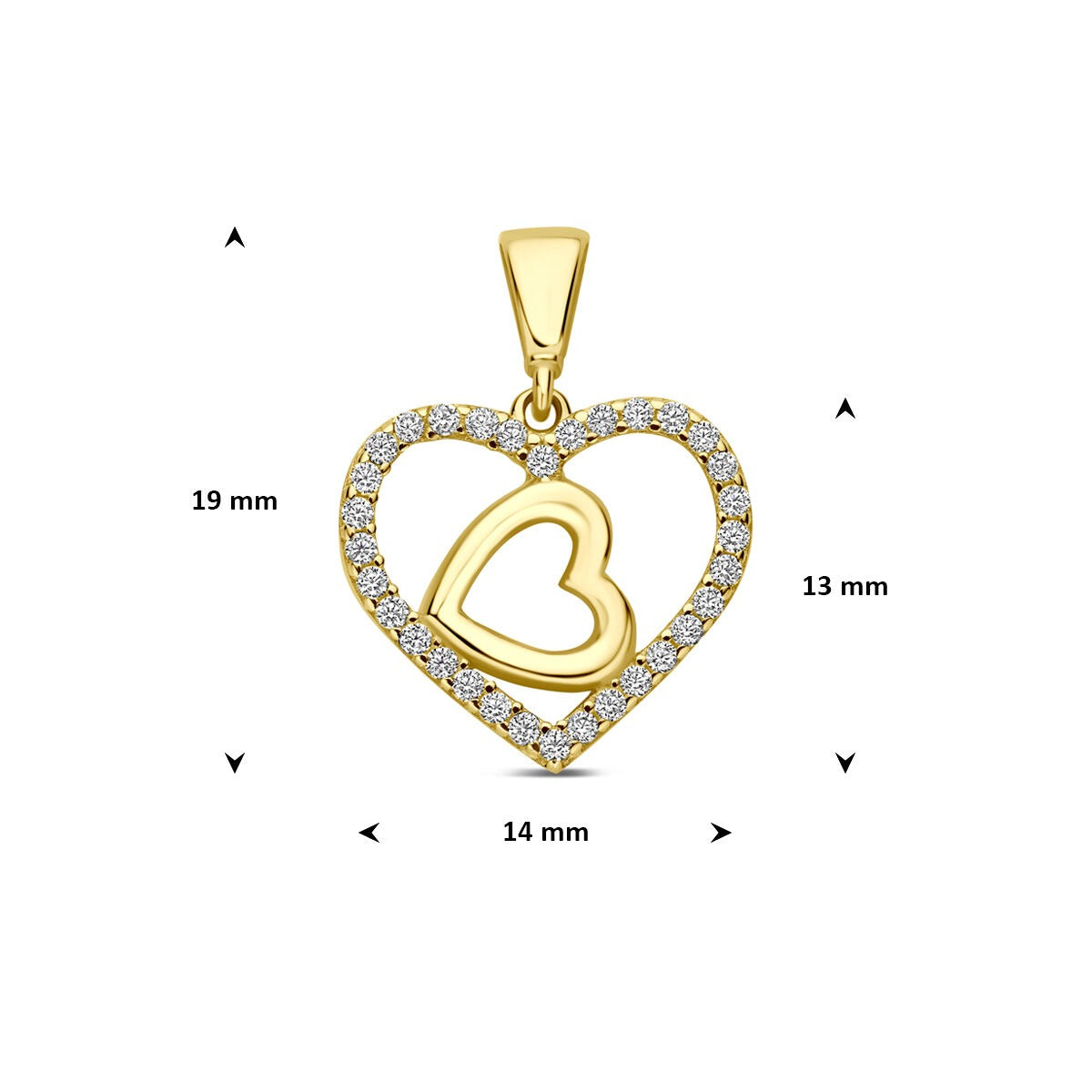 Collier en or jaune 9k avec pendentif double cœur zircone