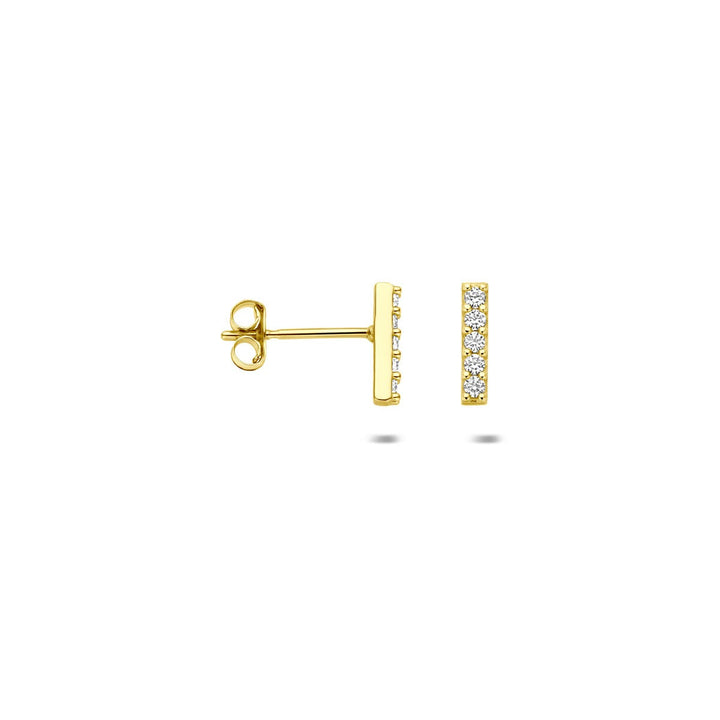 Geelgouden oorknoppen met balkje en zirkonia – 14k
