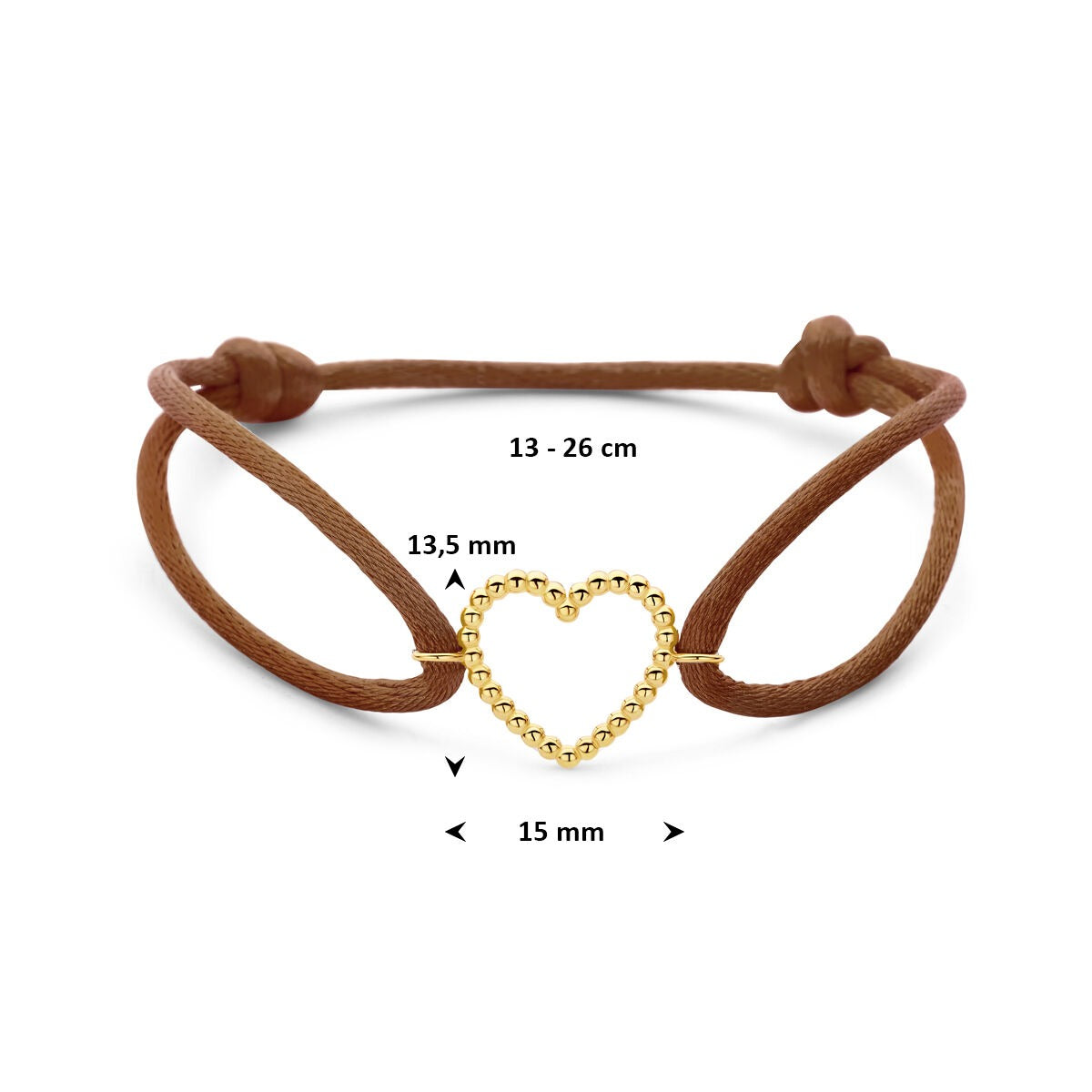 Bracelet en satin marron avec cœur en or 14 carats