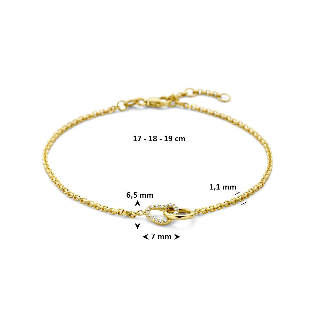 Bracelet en or jaune 14k avec rond et cœur en diamant lab grown 0.09ct