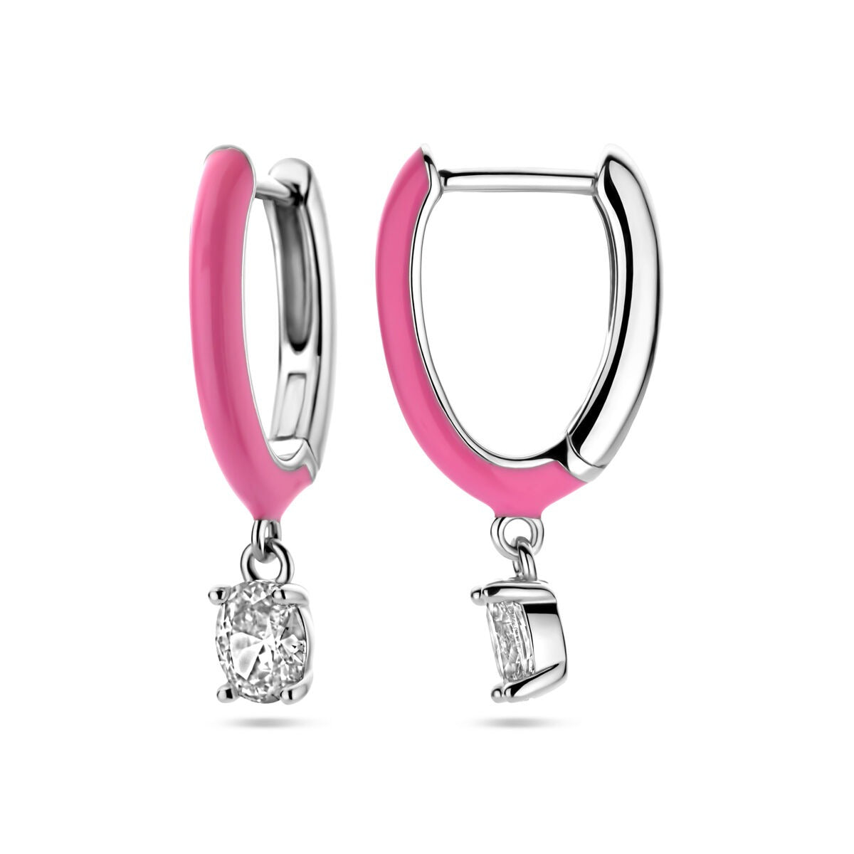 Créoles en argent avec zircone et émail rose – rhodié argent 925