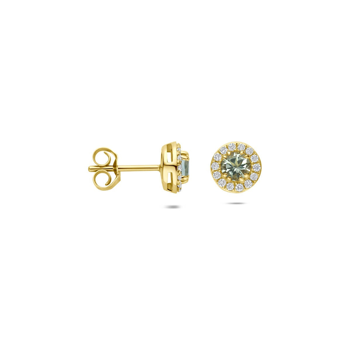 Puces d'oreilles en or jaune 14k avec améthyste verte et diamant cultivé en laboratoire