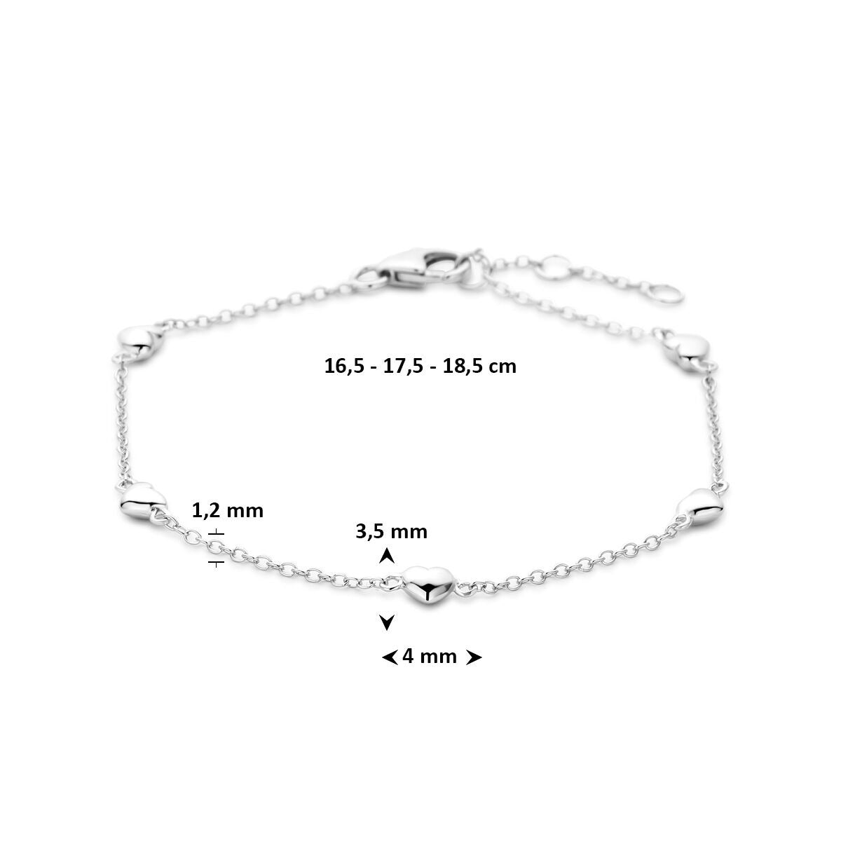 Bracelet pour femme en argent avec cœurs – rhodié 18.5 cm