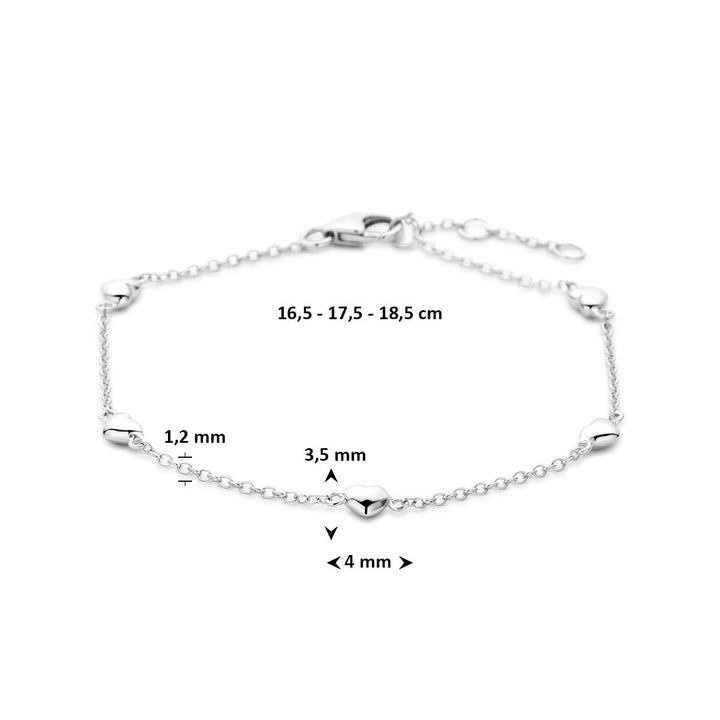 Zilveren dames armband met hartjes – gerhodineerd 18.5 cm