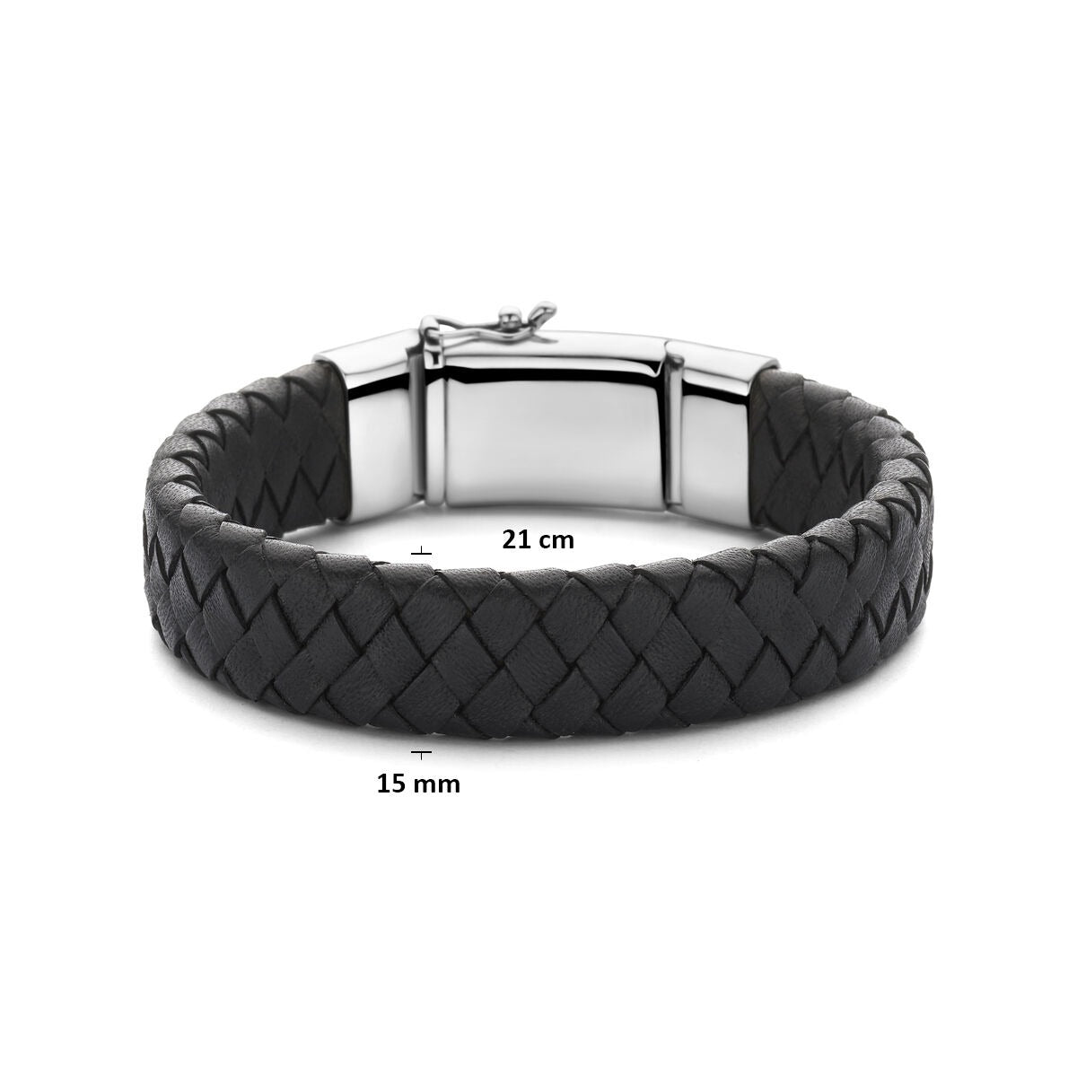 Bracelet pour homme en cuir noir avec argent rhodié – 21 cm