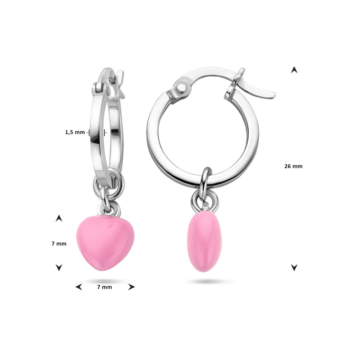 Boucles d'oreilles pour enfant en argent – rhodiées avec un cœur en émail rose