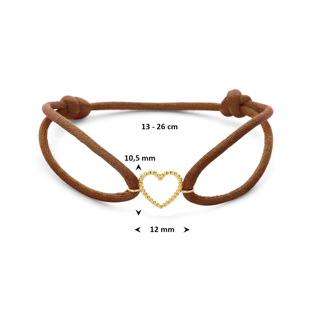 Bracelet en satin brun pour femme avec cœur en or jaune 14k – Symbole raffiné de l'amour