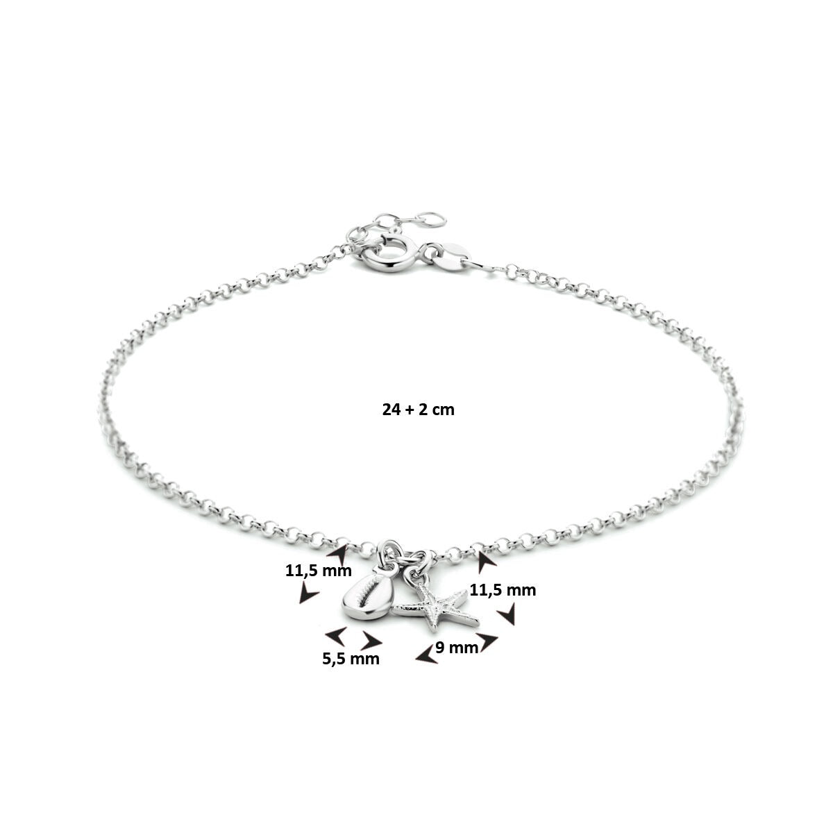 Bracelet de cheville en argent rhodié avec étoile et coquillage – 24-26 cm