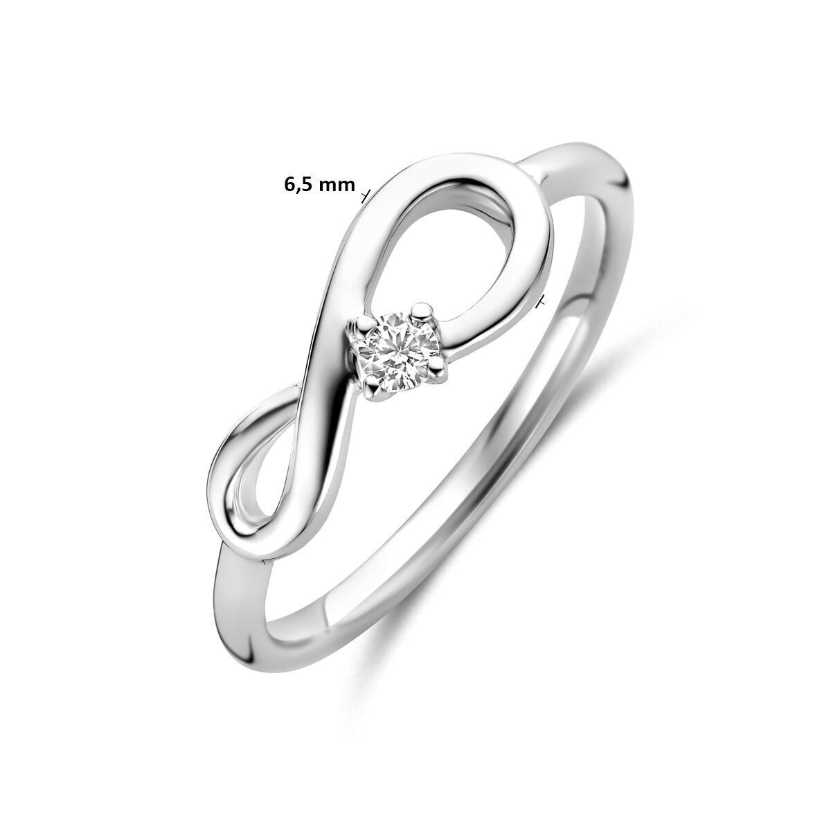 Bague pour femme en argent rhodié avec symbole infini et zircone – 6,5 mm de large
