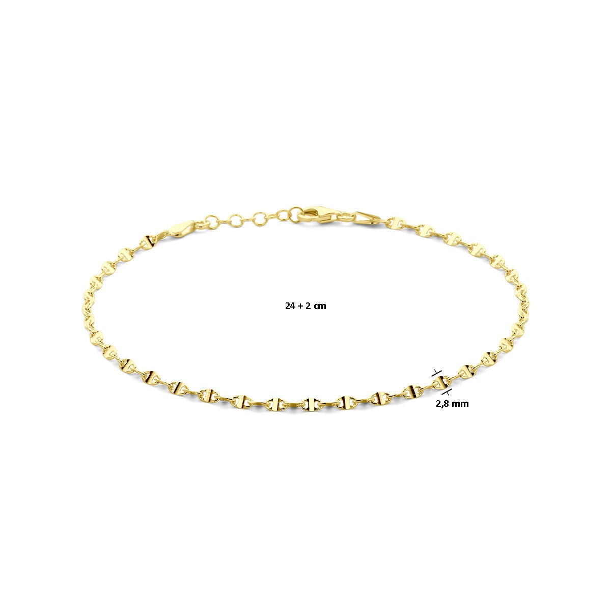 Bracelet de cheville plaqué argent avec maille en forme de grain de café – 24 à 26 cm, 2,8 mm de large