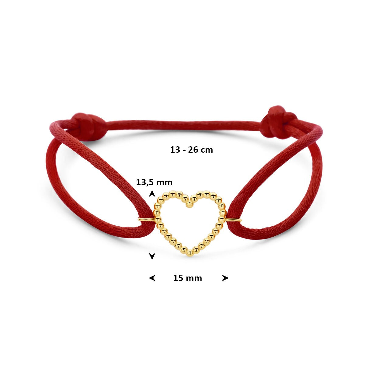 Bracelet en satin rouge avec cœur en or 14 carats