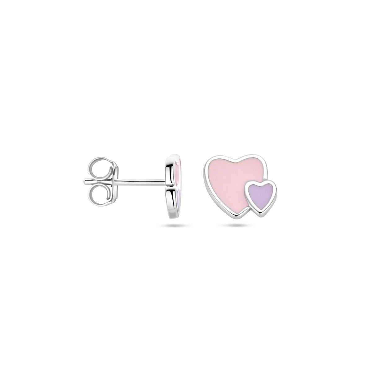 Puces d'oreilles en argent pour enfant – cœurs avec émail rose et violet