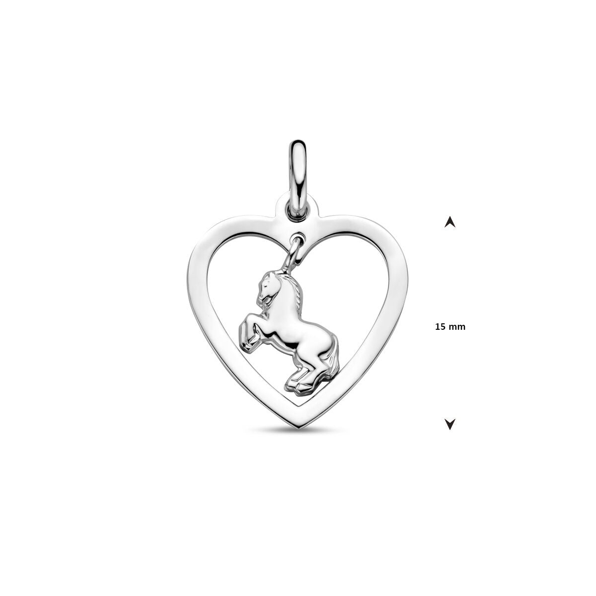 Pendentif pour enfant en argent en forme de cœur avec cheval – rhodié 925 argent, 20 mm de haut