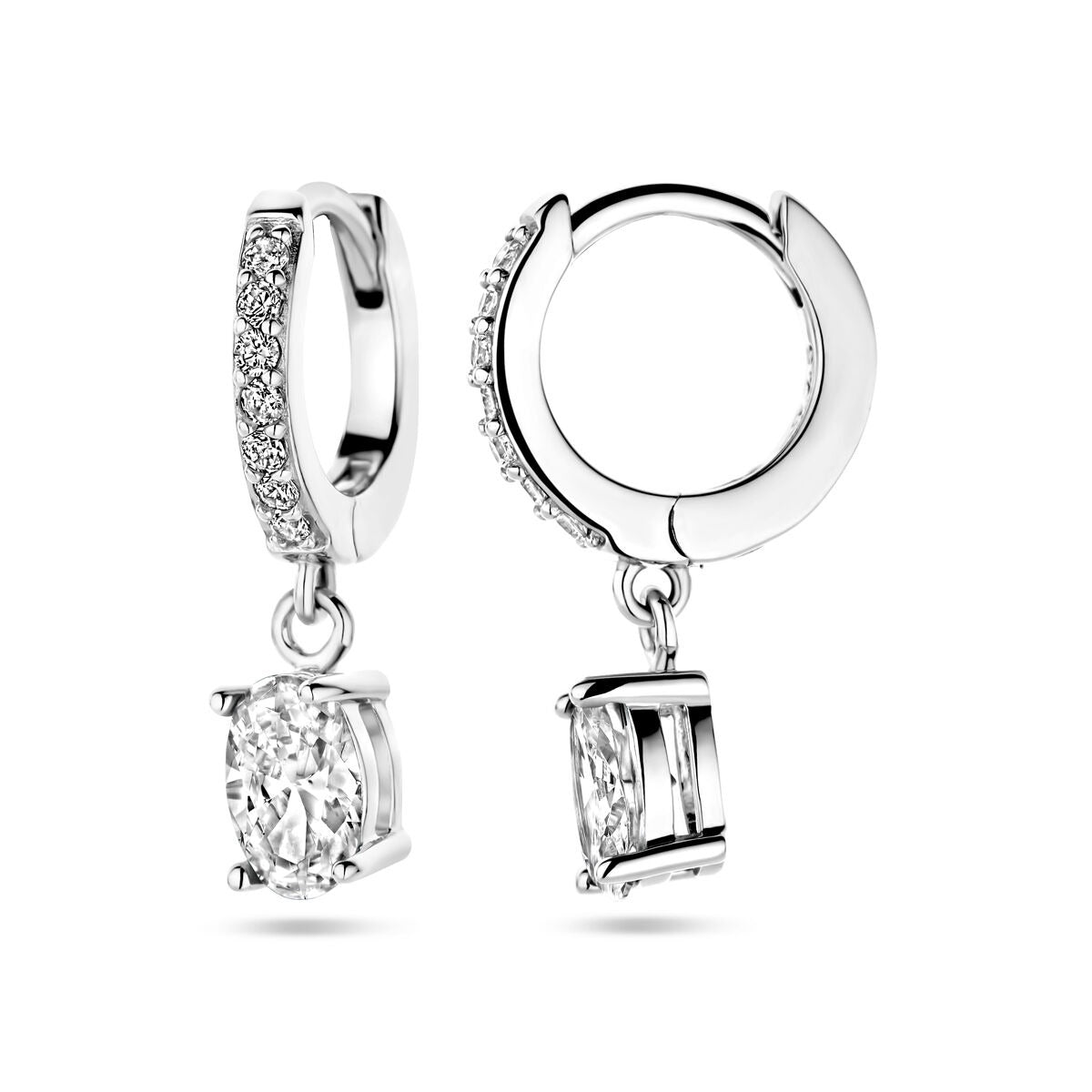 Créoles en argent rhodié avec zircone ovale en sertissage entourage