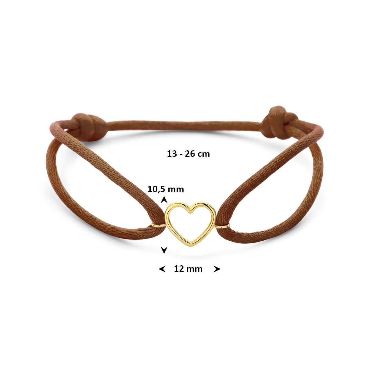 Bracelet en satin brun pour femme avec cœur en or jaune 14k – Symbole d'amour subtil dans des teintes chaudes