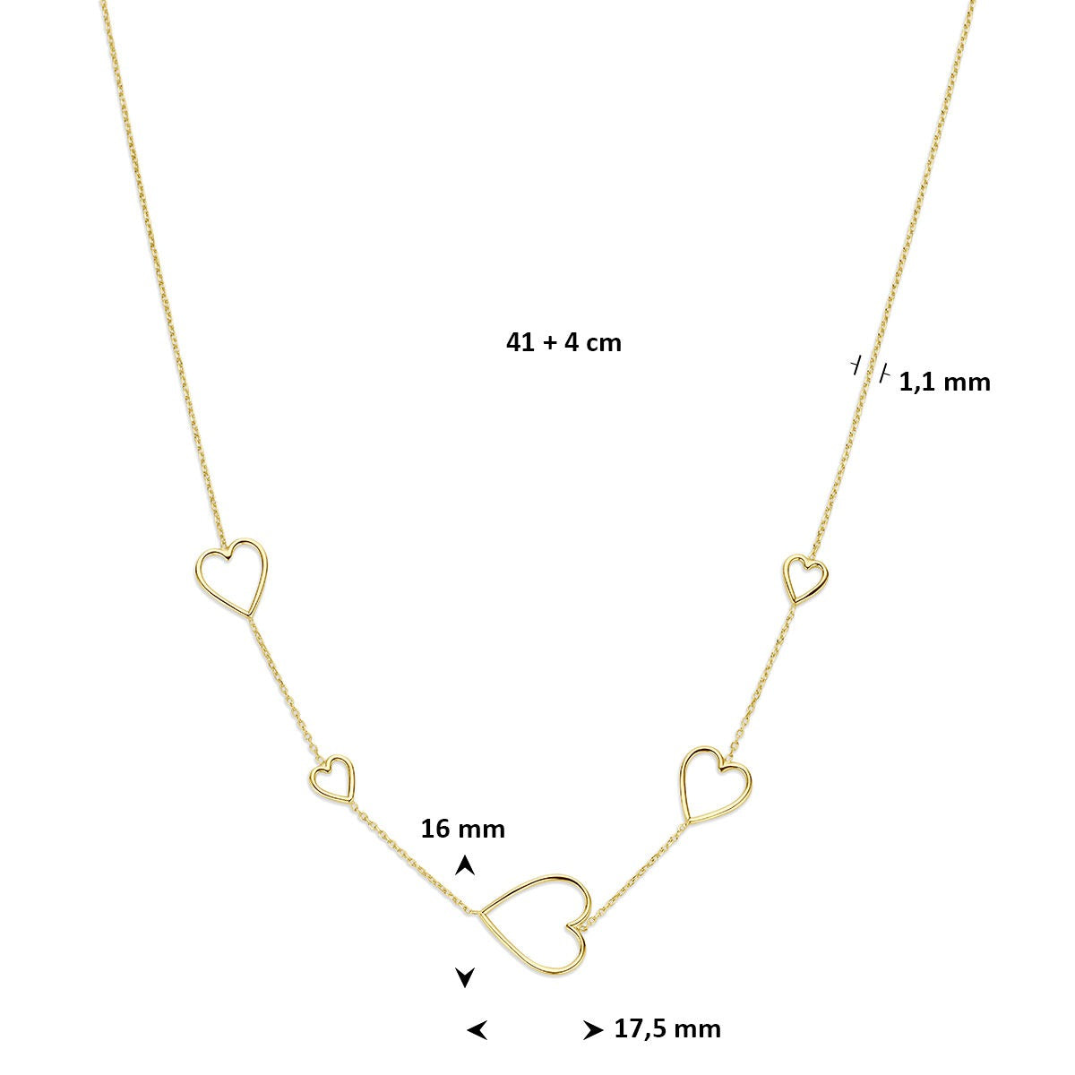 Geelverguld 925 zilveren collier met hartjes