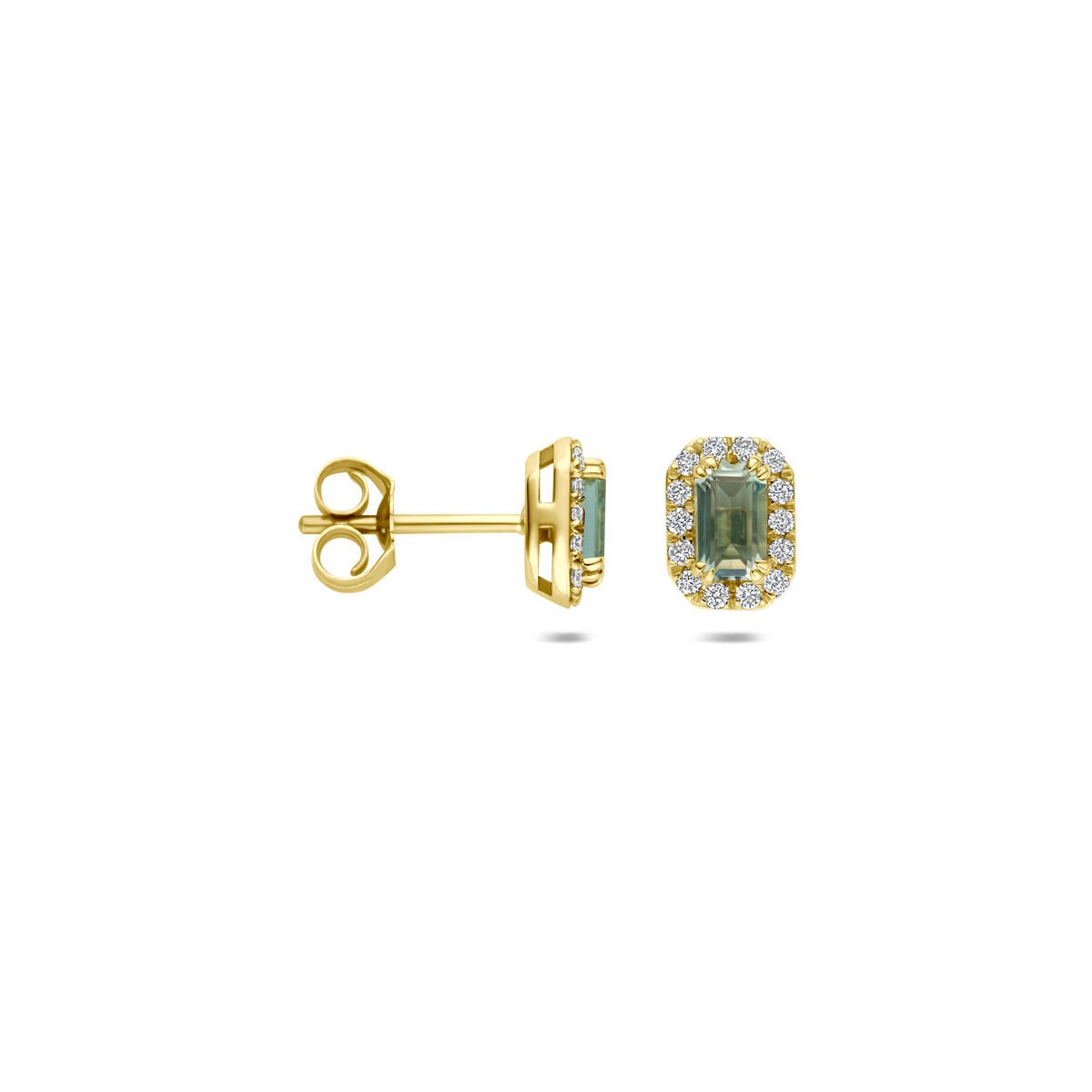 Puces d'oreilles en or jaune 14k avec améthyste verte et diamant cultivé en laboratoire