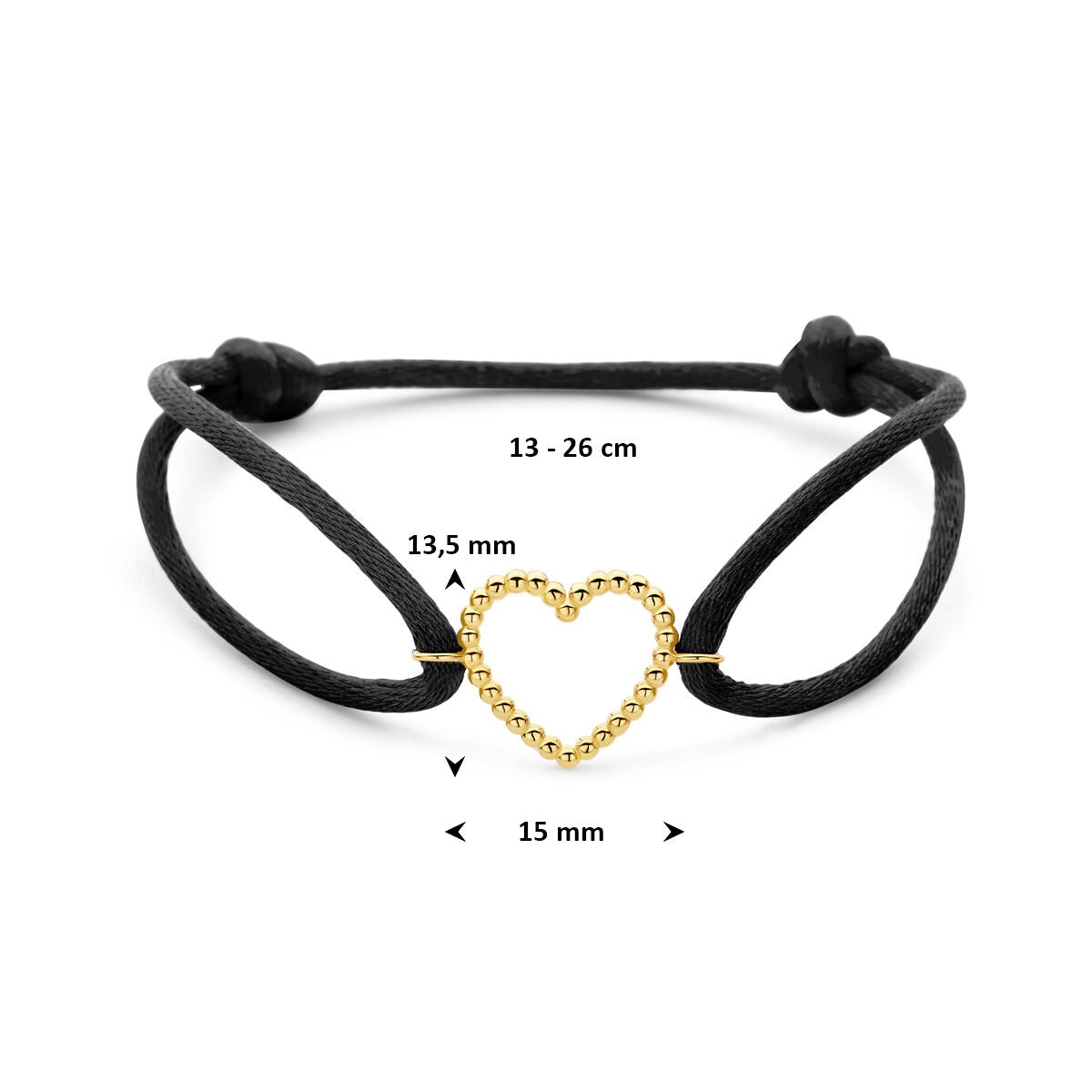 Bracelet en satin noir avec cœur en or 14 carats