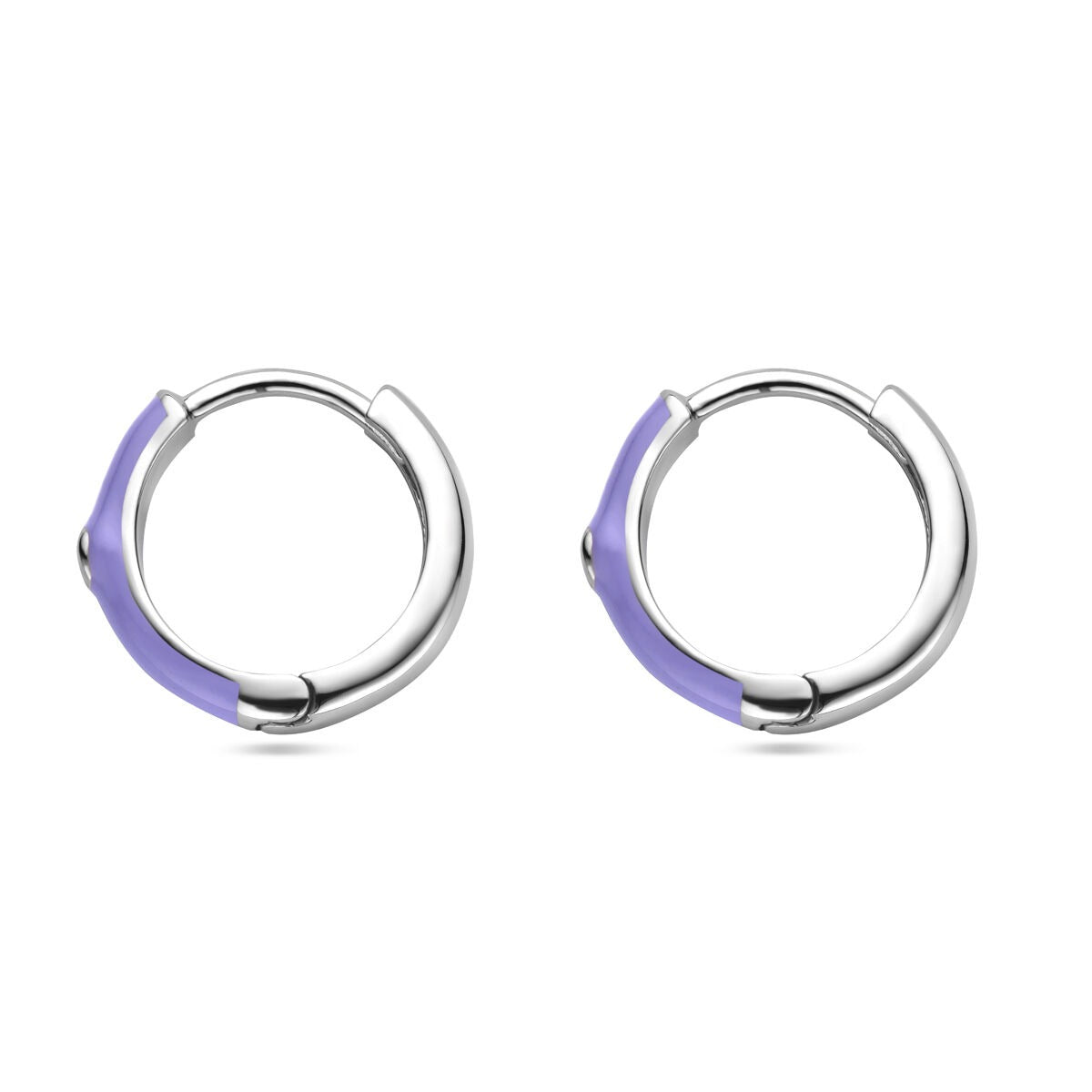 Boucles d'oreilles en argent rhodié avec zircon et émail violet, diamètre de 15 mm.