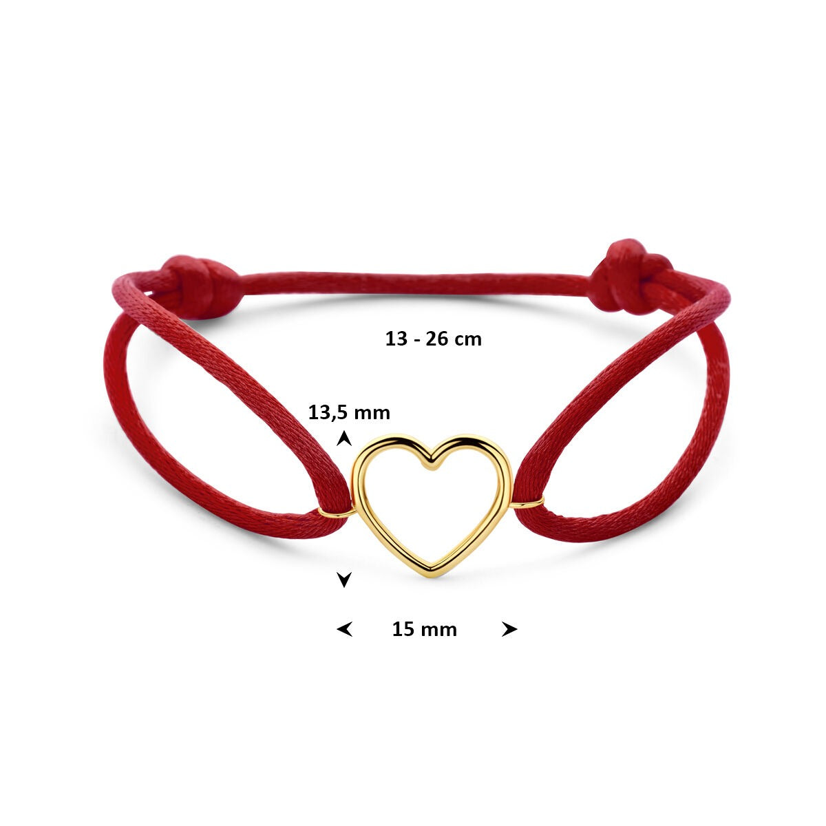 Bracelet pour femme en satin rouge avec cœur en or jaune 14k – Déclaration d'amour en rouge chaud et or