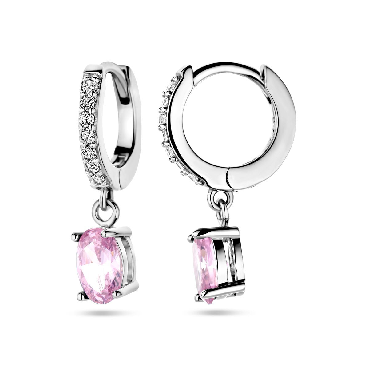 Créoles en argent rhodié avec zircones roses et blanches