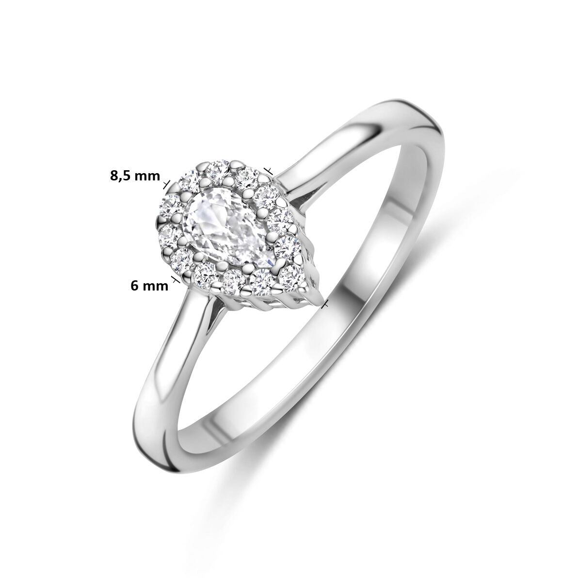 Bague en argent pour femme avec zircone taillée en poire et sertissage entourage