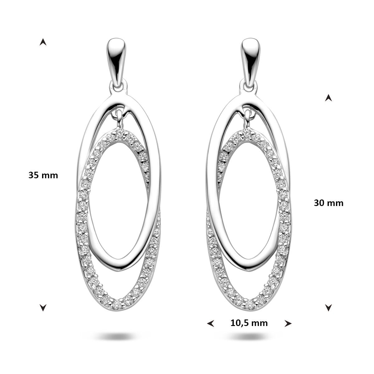 Boucles d'oreilles en argent avec zircone – design ovale rhodié 35 mm