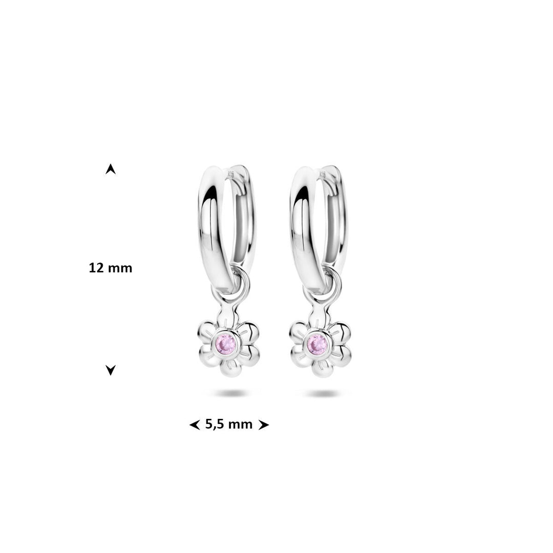 Zilveren oorringen met roze zirkonia en bloemdesign