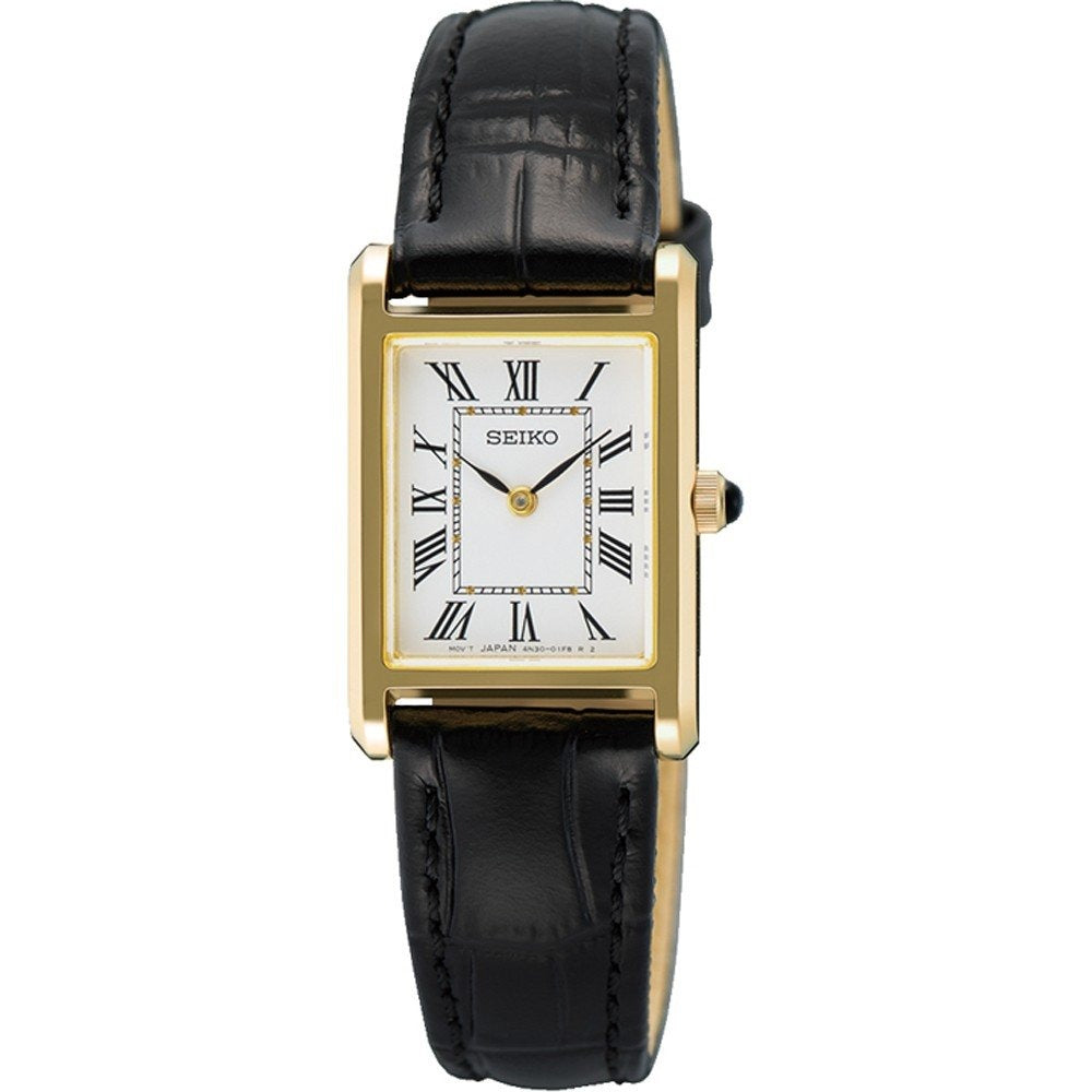 Montre rectangulaire en acier doré avec cadran blanc et bracelet en cuir noir.