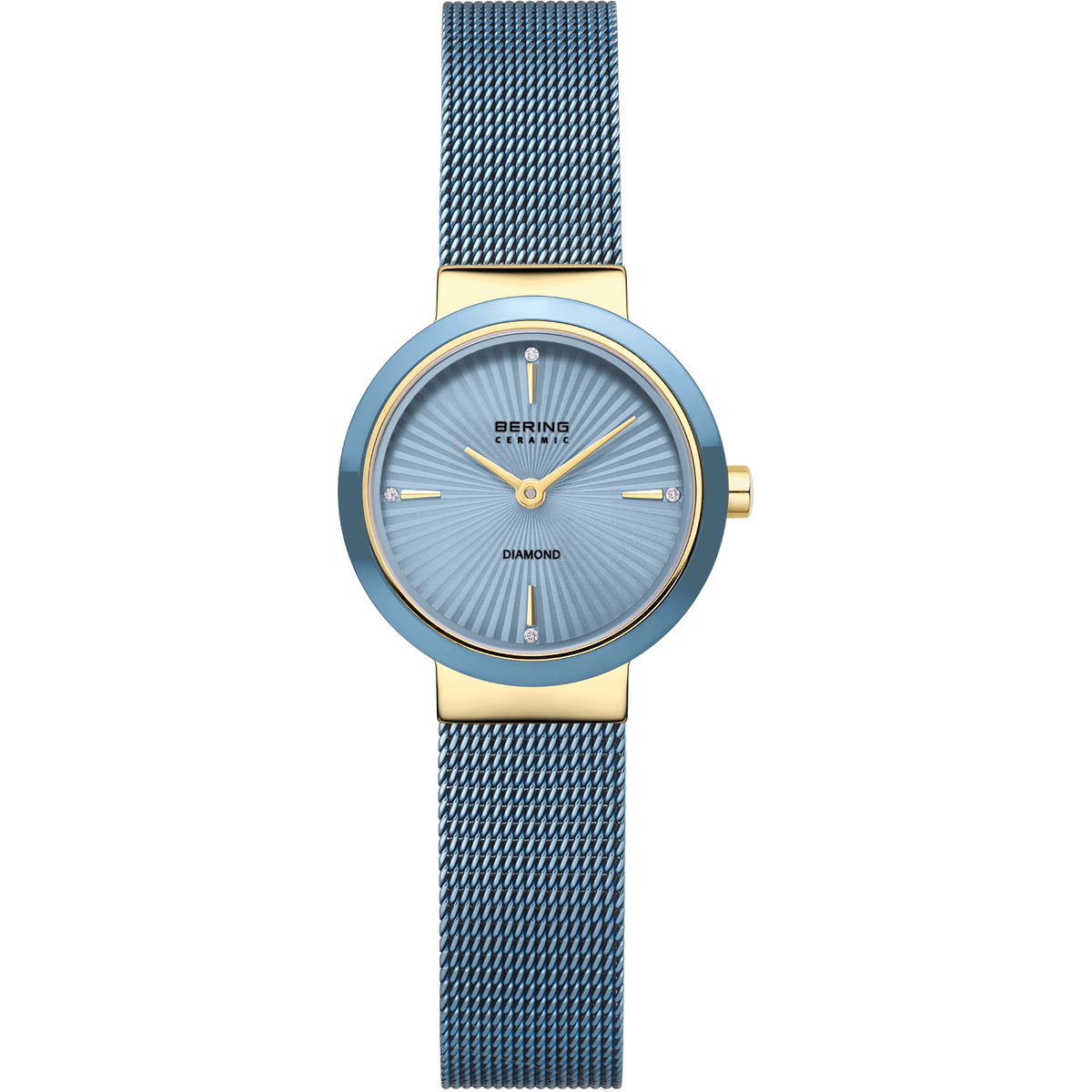 Montre femme avec cadran bleu, boîtier doré et bracelet en maille bleu.