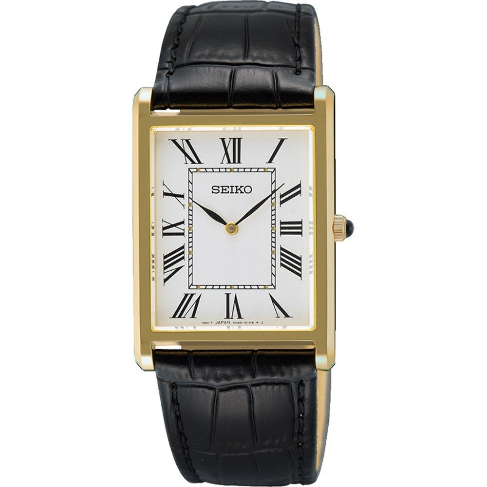 Montre rectangulaire dorée avec cadran blanc, chiffres romains et bracelet en cuir noir.