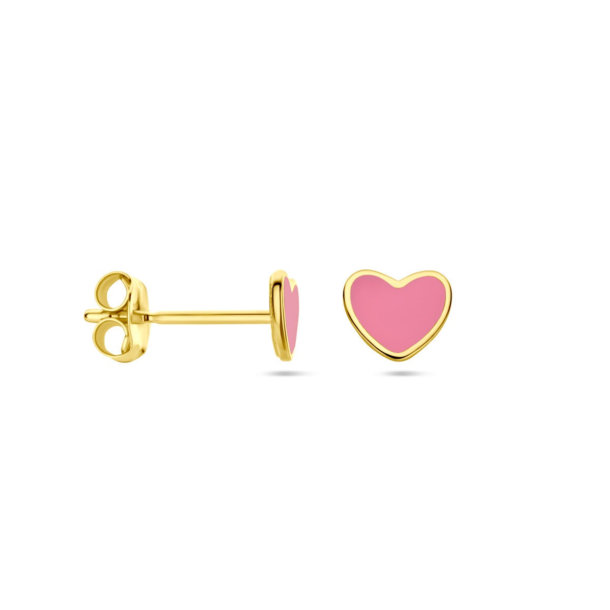 puces d'oreilles pour enfant en or jaune 14k – cœur avec époxy rose